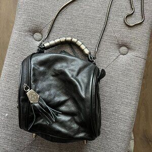 Black Leather Skull Studded Satchel / Crossbody Bag